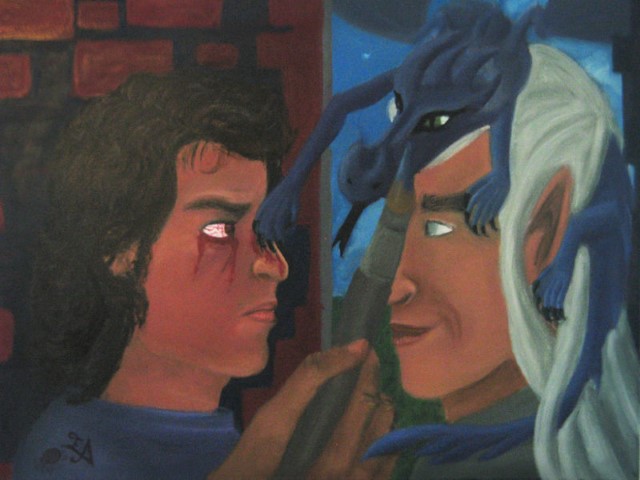 Person painting themselves as an elf while a dragon climbing that elf scratches blood off of their face.